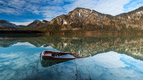 озеро, отражение, лес, горы, синие, желтые