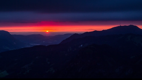 закат, темные, горы, холмы, черные, красные