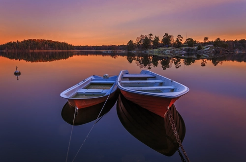 лодка, озеро, вечер, закат, розовые, черные