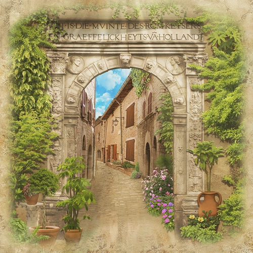 арка, город, фонарь, дом, дома, окна, окно, цветы, кашпо, растения, растительность, бежевые, зеленые