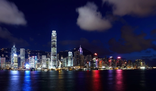 китай, ночь, город, отражение, розовые, желтые, черные, серые