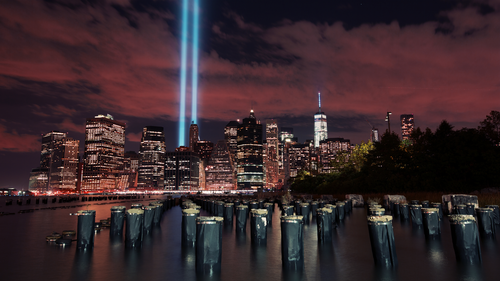 город, ночь, небоскребы, темные, здания, огни