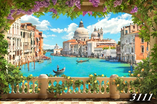 Италия, мост, храм, церковь, арка, цветы,  город, дома, зелень, растительность, голубые, бежевые, зеленые