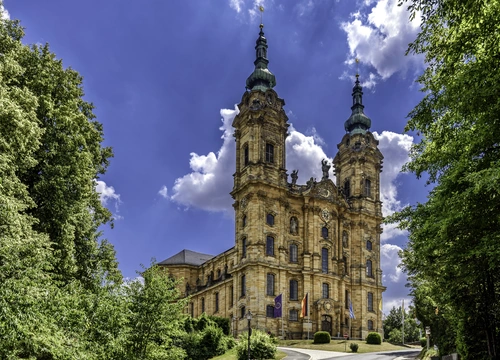 деревья, церковь, собор, природа, синие, коричневые, зеленые