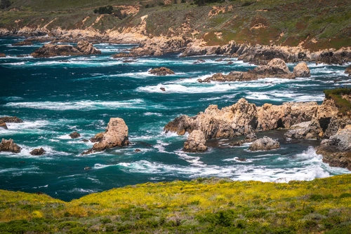 скалы, волны, океан, синие, коричневые, зеленые, природа