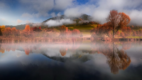 туман, природа, озеро, синие, белые, оранжевые