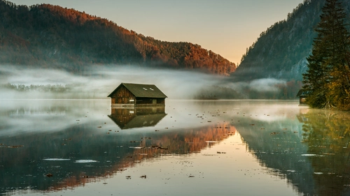 дом, озеро, горы, туман, белые, коричневые, зеленые
