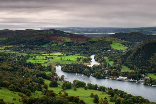 холмы, река, англия, природа, серые, зеленые