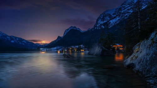 ночь, вечер, горы, фьорд, фиолетовые, красные, черные, закат