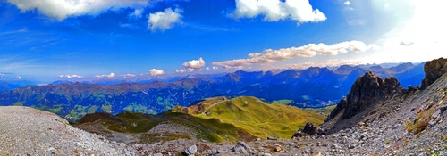 горы, долина, природа, панорама, синие, белые, зеленые