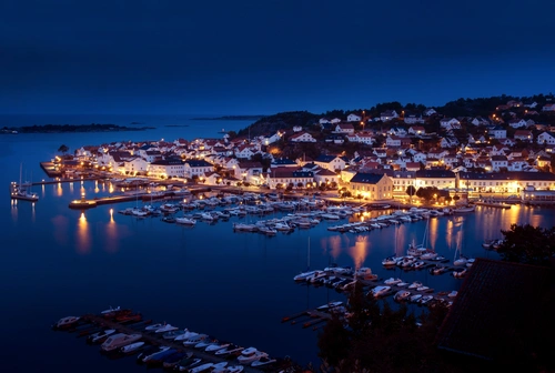 пристань, яхта, ночь, остров, синие, желтые