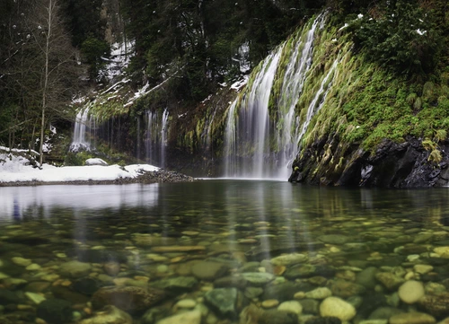 озеро, водопад, природа, парк, снег, зеленые, белые