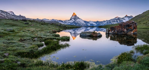 гора, озеро, поле, панорама, розовые, зеленые