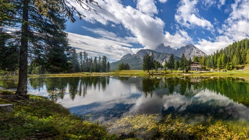 облака, озеро, природа, италия, синие, зеленые, белые, отражение