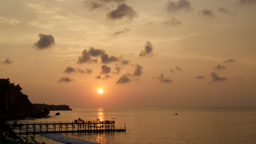 пирс, закат, солнце, океан, серые