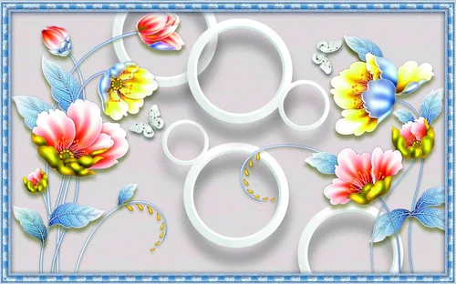 цветы, бабочки, круги, серые, белые, голубые