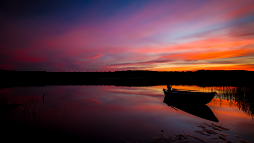 закат, лодка, пляж, берег, красные, темные