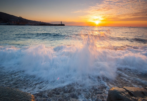 волны, закат, океан, прибой, желтые, белые