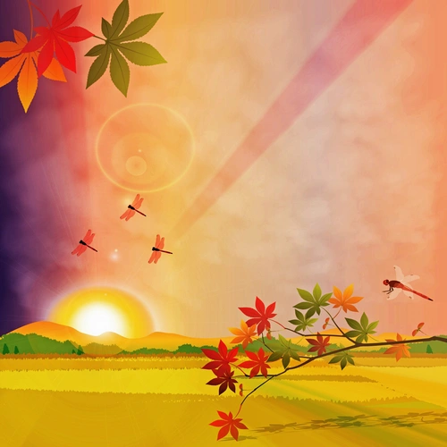 рассвет, вектор, поле, листья, солнце, желтые, зеленые, оранжевые