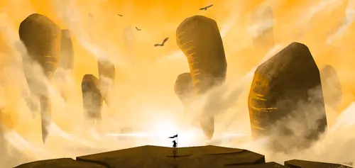 небо, горы, камни, птицы, туман, оранжевые, коричневые