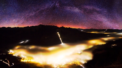 ночь, звезды, туман, огни, желтые, темные, фиолетовые, синие