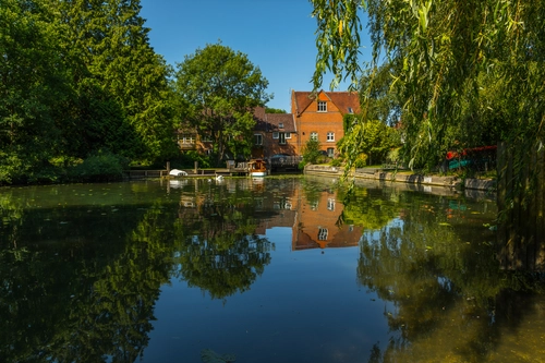 озеро, англия, отражение, город, коричневые, синие, зеленые