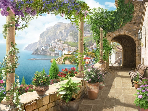 арка, колонна, горы, гора, море, вода, цветы, кашпо, зеленые, голубые, бежевые