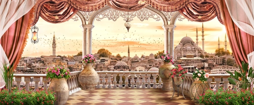 терраса, цветы, город, дома, колонны, небо, птицы, бежевые, коричневые, зелёные