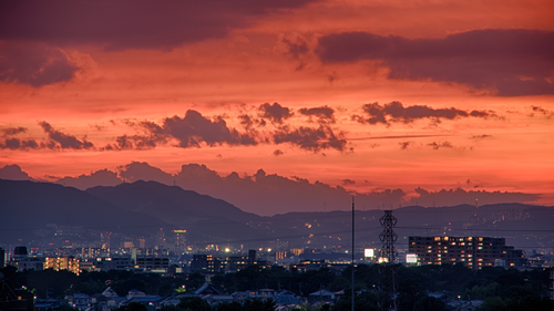 красные, закат, город, вечер, черные