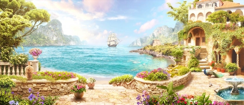 корабль, берег, город, океан, остров, цветы, деревья, зеленые, голубые, синие, коричневые, бежевые, HD