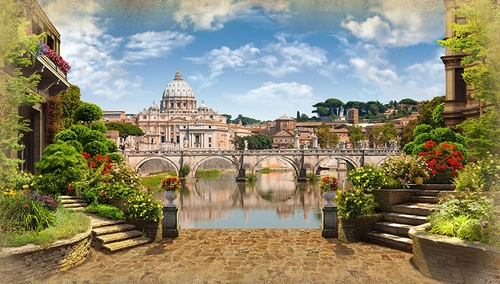 Италия, мост, храм, церковь, город, дома, зелень, растительность, голубые, бежевые, зеленые