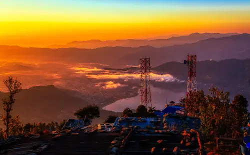 горы, туман, облака, природа, вода, деревья, оранжевые