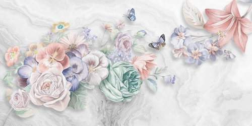 рисунок, растения, цветы, бабочки, голубые, розовые