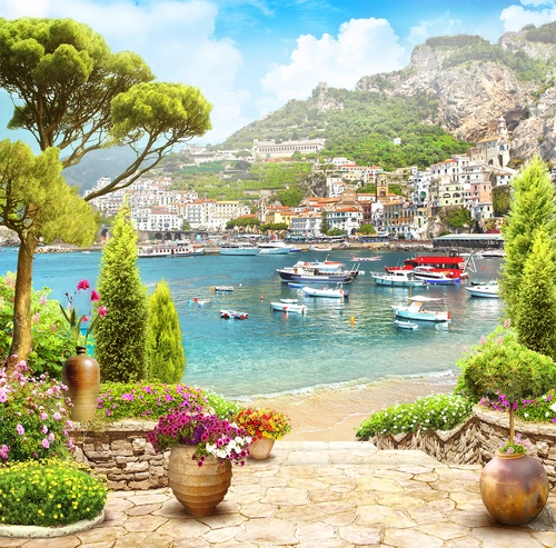 остров, холмы, корабль, яхта, цветы, деревья, зеленые, коричневые, желтые, бежевые, голубые, HD