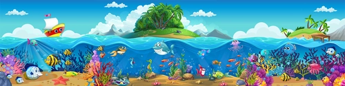 детские, море, небо, остров, рыбы, подводный мир, корабль, облака, голубые, зелёные,