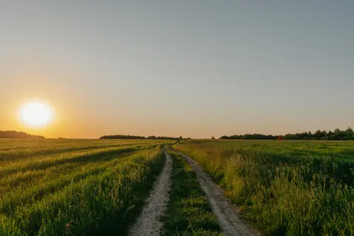 поле, дорога, закат, рассвет, небо, горизонт, пейзаж, зеленые, серые, желтые