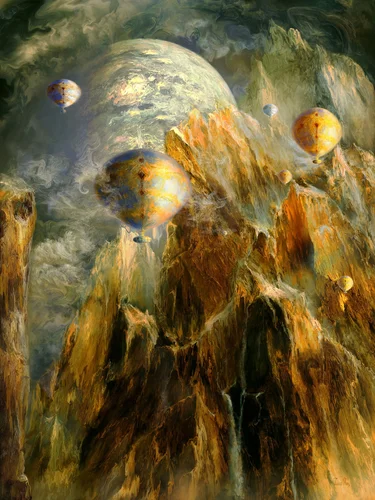 горы, скалы, воздушные шары, полёт, коричневые, серые