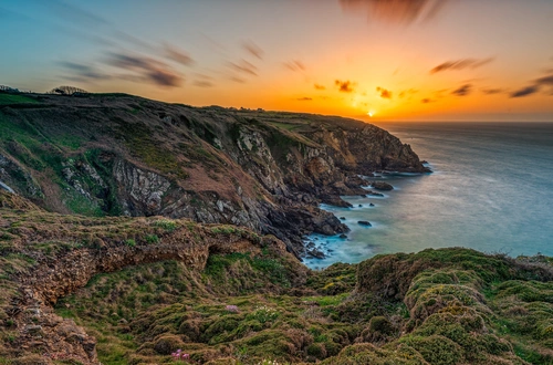 побережье, франция, скалы, серые, желтые, оранжевые, зеленые