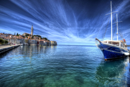 причал, берег, океан, яхта, облака, небо, синие, коричневые