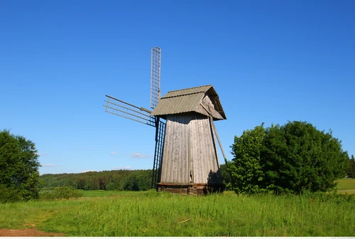 природа, мельница, небо, трава, поле, деревья, голубые, зелёные, серые