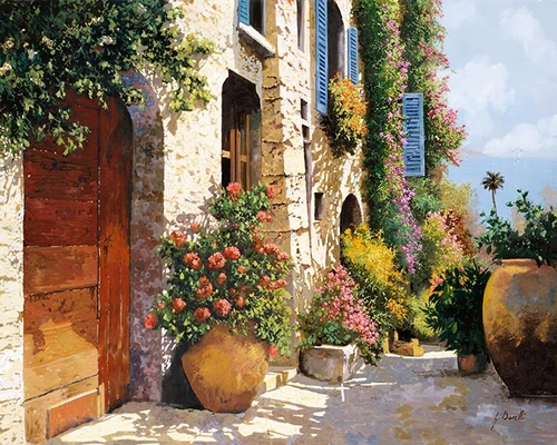 дом, дома, окно, окна, цветы, растения, бежевые, оранжевые, голубые