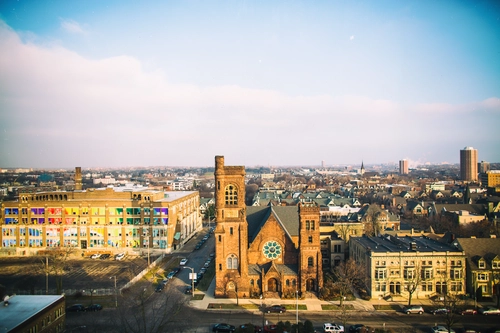 город, церковь, коричневые, синие, зеленые