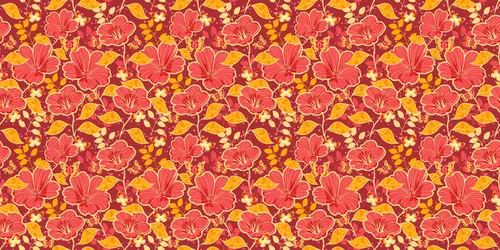 паттерн, красные, цветы, бабочки, розовые, жёлтые