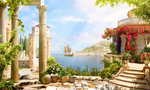 колонна, корабль, город, берег, океан, голубые, коричневые, бежевые, зеленые, HD