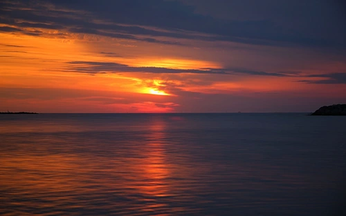 небо, облака, закат, горизонт, море, вода, остров, серые, оранжевые