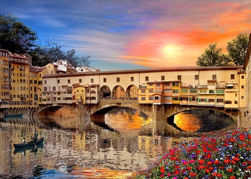 Венеция, река, лодка, вода, мост, арка, отражение, цветы, закат, деревья, оранжевые