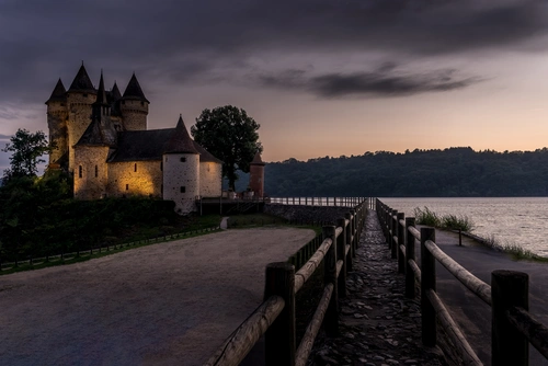 замок, франция, река, вечер, черные, желтые