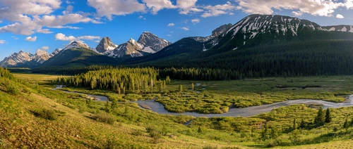 река, поле, горы, природа, панорама, зеленые, серые, черные