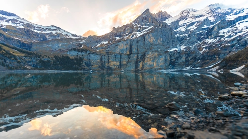 отражение, закат, горы, озеро, коричневые