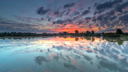 облака, вечер, красные, синие, отражение